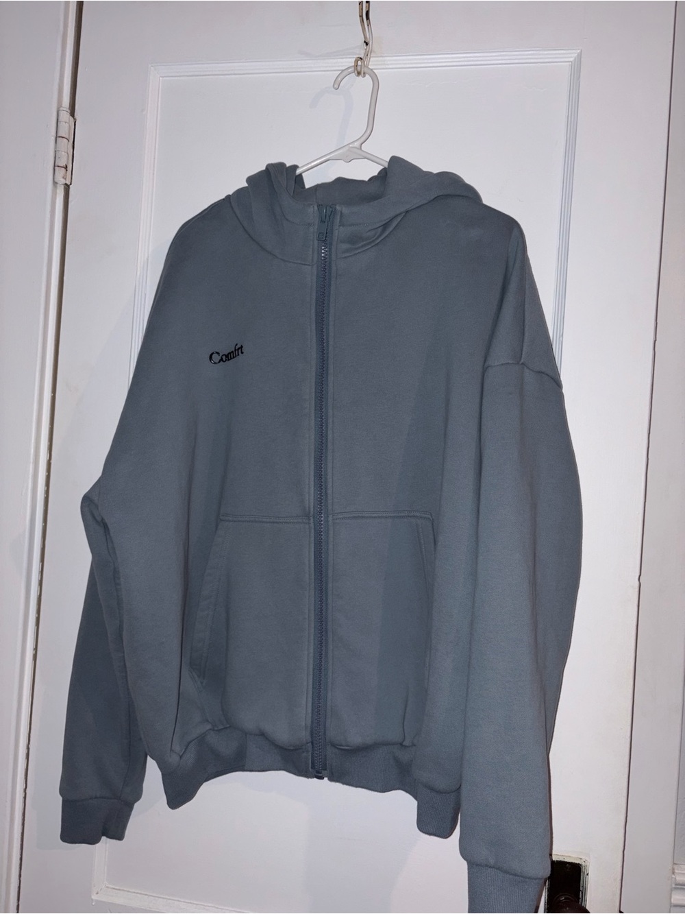 Flawed Comfrt size small oversized Cozy Zip-Up Hoodie in Dusty Blue-Gray